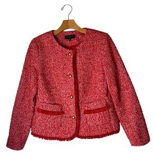 Talbots Jacket Women 6 Petites‎ Red White Tweed Fringe Detail Coat Preppy Retro